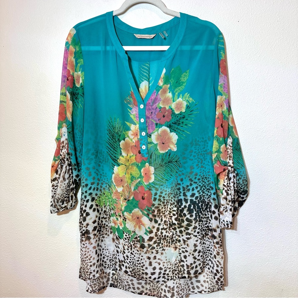 Soft Surroundings Teal Floral Tunic with Orange & Yellow Accents